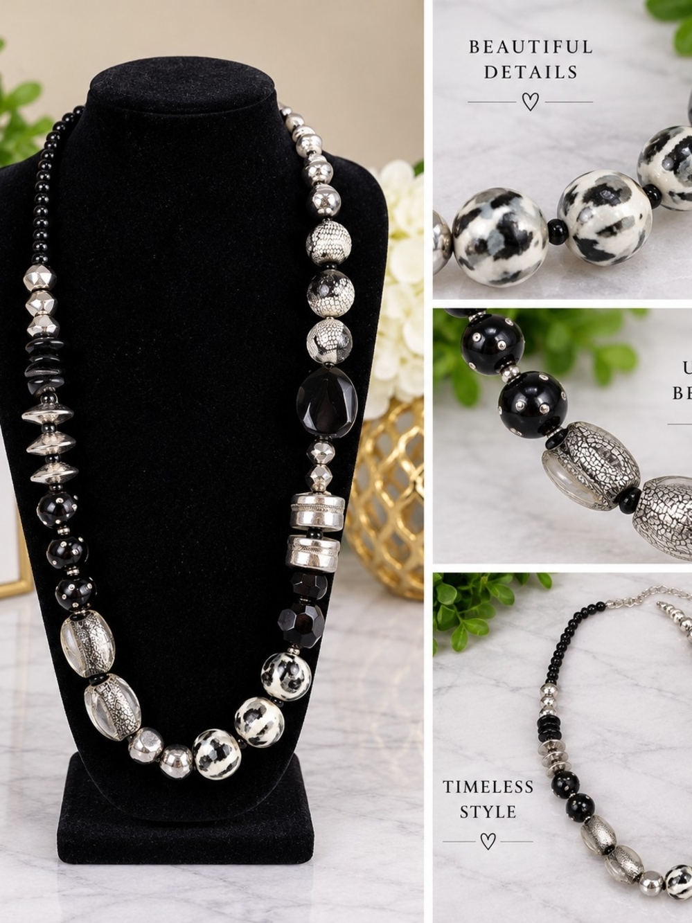 CATO Black, Silver & White Statement Necklace – 32"